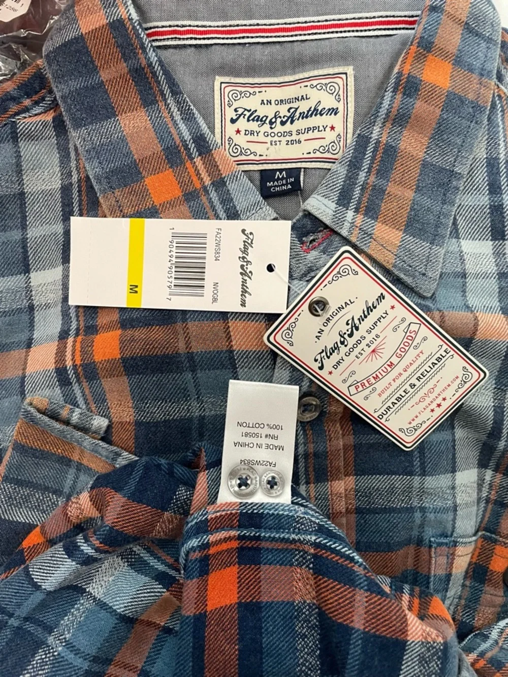 Flag & Anthem Men’s Plaid Button Up Long Sleeve Shirt Navy Orange Black Medium M